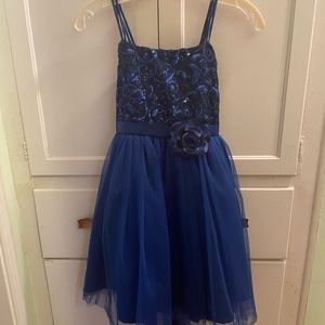 Dark Blue Dress With Sequin Bodice With Ribbon Belt And Removable Flower
